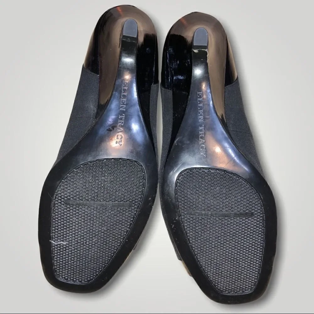 ELLEN TRACY Black Wedge Patent Suede ET Pacer Peep